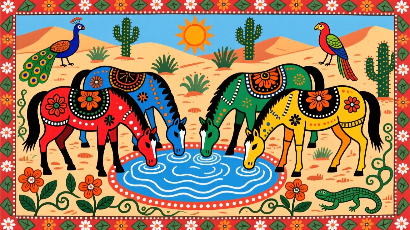 A group of wild horses drinking together at a desert spring.