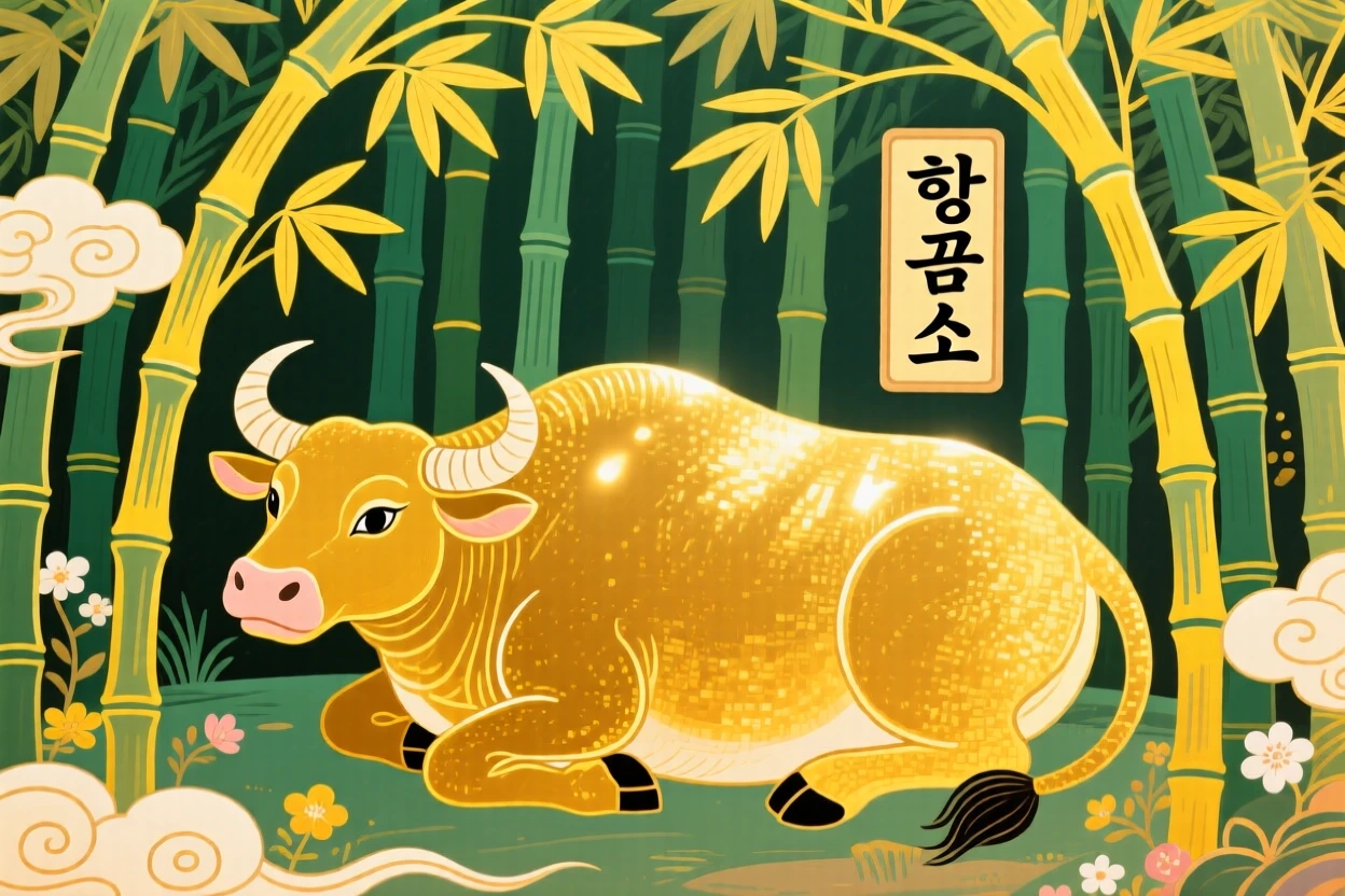 A powerful depiction of a golden ox resting in a bamboo grove touched by golden light.