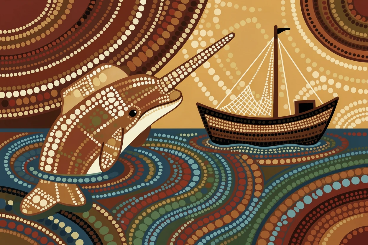 A narwhal surfacing beside a fishing boat
