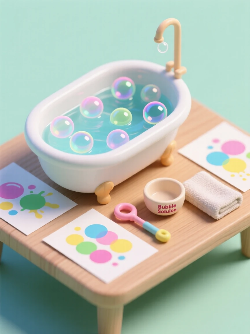 A soap bubble bath painting activity for kids, colorful bubbles popping onto paper to create abstract art patterns.