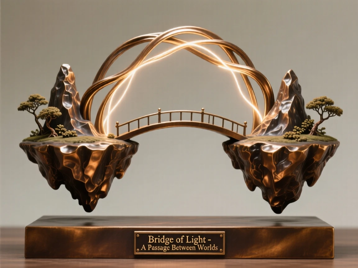 A magical bridge of light connecting two floating islands, rendered with dreamlike, atmospheric wonder, transporting the viewer to another world