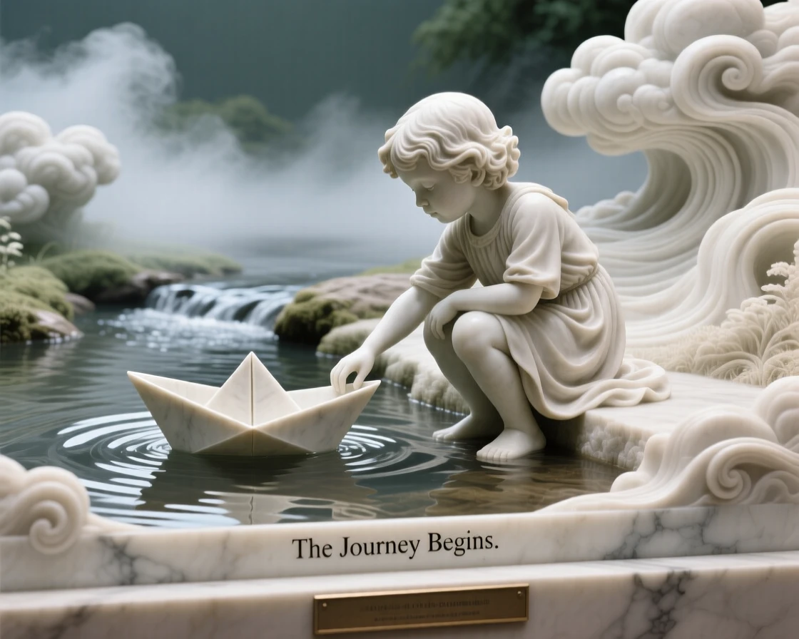 An evocative depiction of a child releasing a paper boat into a stream, amid swirling clouds and mist, balancing detail with emotional depth