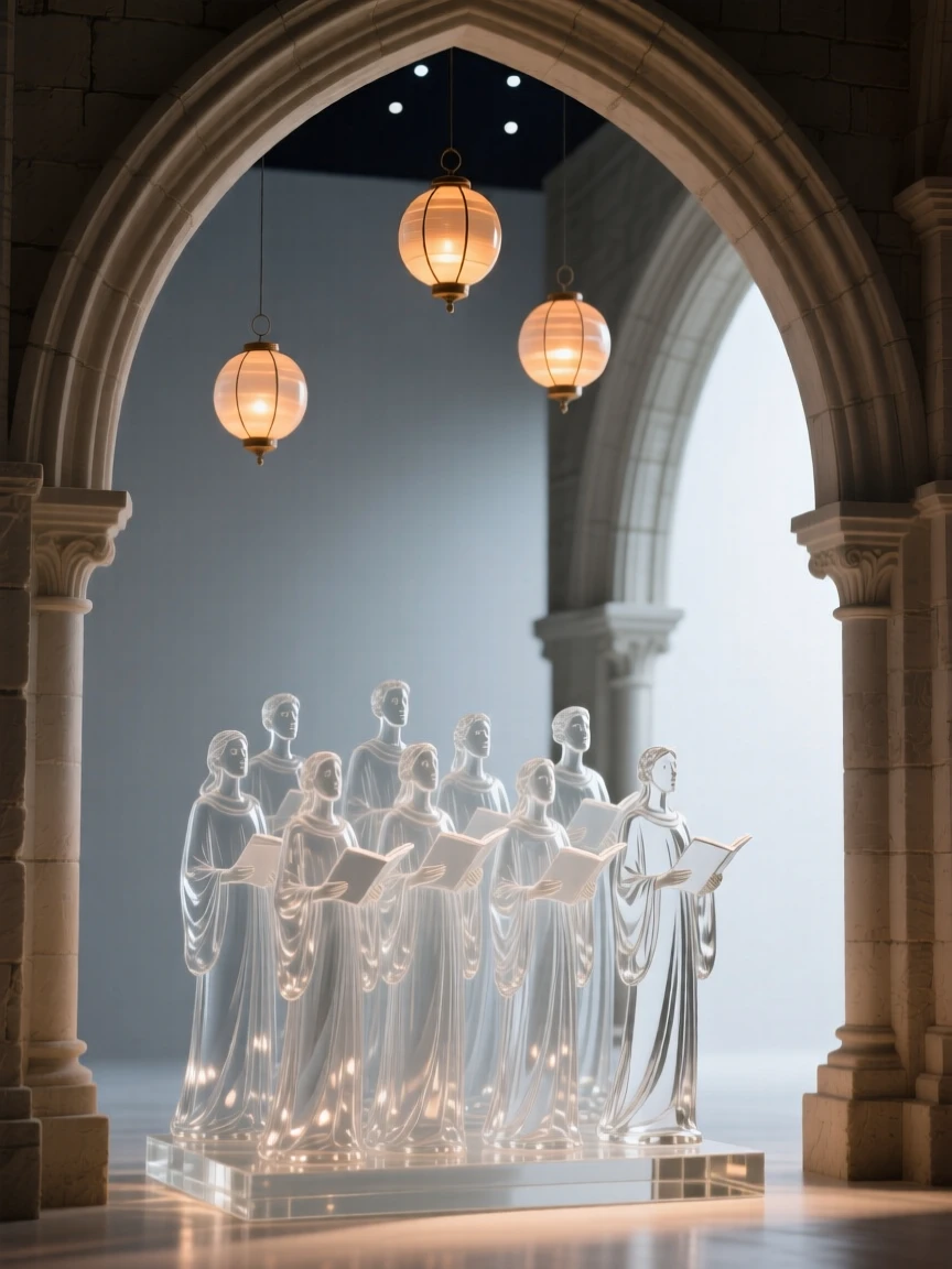 Beneath a sky filled with softly glowing lanterns, a choir singing together beneath the arches of a stone cathedral