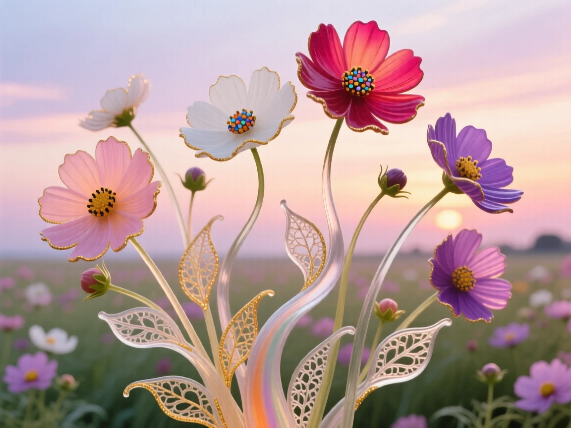 A field of blooming cosmos flowers swaying beneath a pastel sunset, gentle and dreamy.
