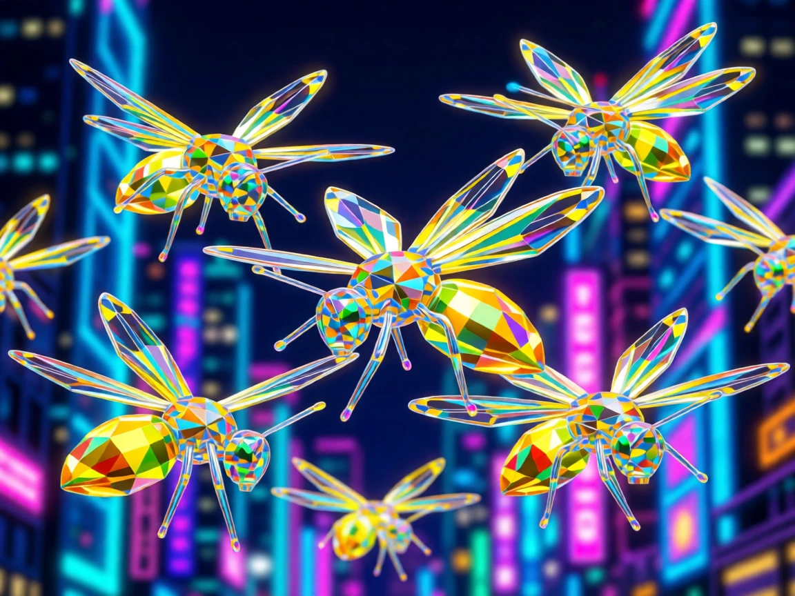 A swarm of firefly-like delivery drones weaving through a neon cityscape at night.