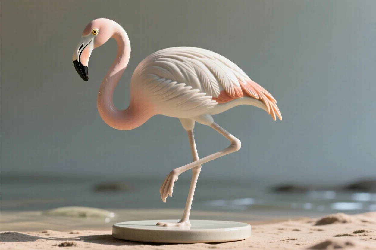 A flamingo standing on one leg fluttering gently in the afternoon light, its feathers ruffled gently by the wind, capturing a serene moment suspended in time.