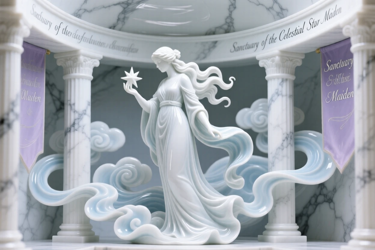 A mythological moment: a celestial star maiden gathering in a marble temple, framed by swirling clouds and light.