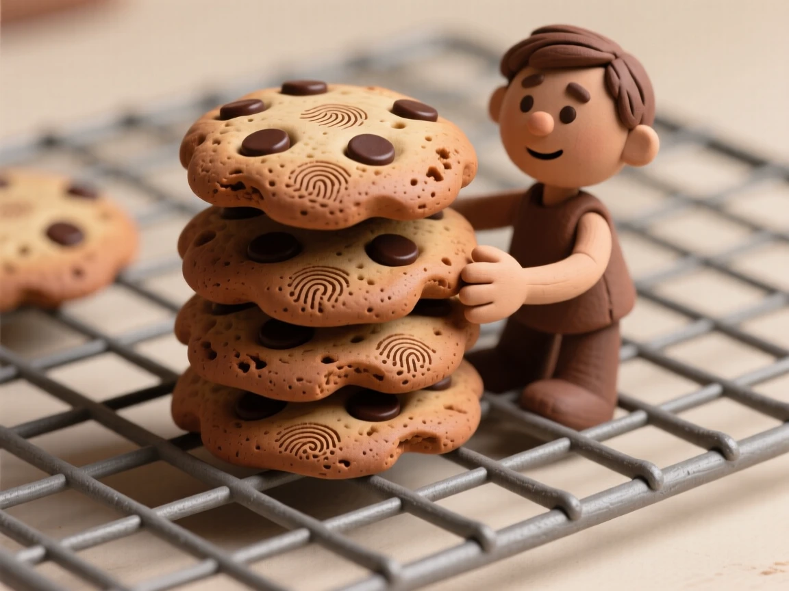 A stack of chocolate chip cookies cooling on a wire rack