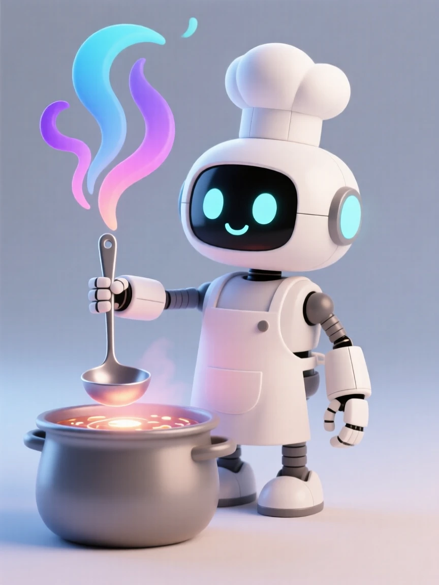 A determined robot chef stirs a pot of glowing space stew, steam curling up in colorful wisps.