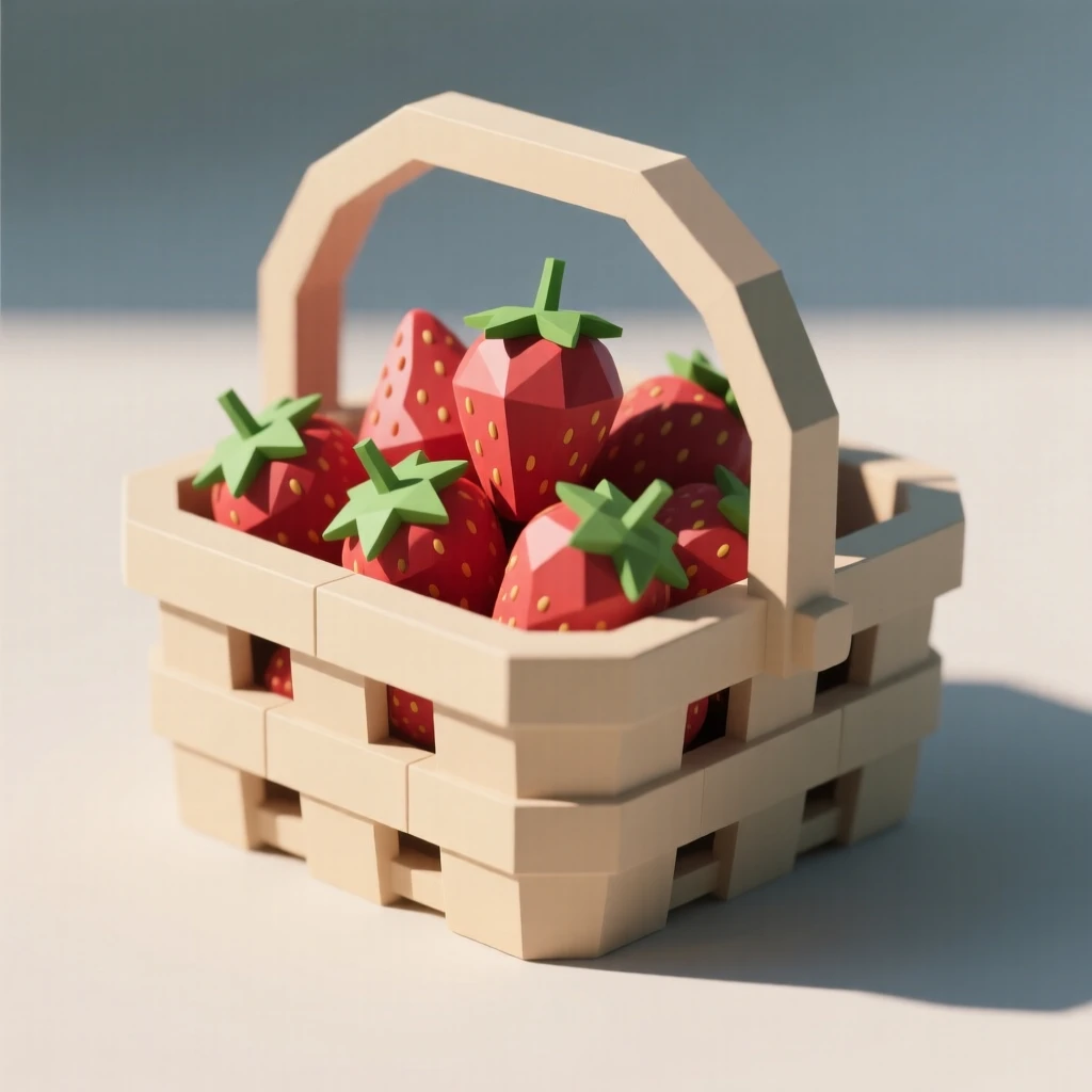 A basket of freshly picked strawberries, in soft morning light. soft natural light highlights rich textures and colors. There is an inviting, homey atmosphere.