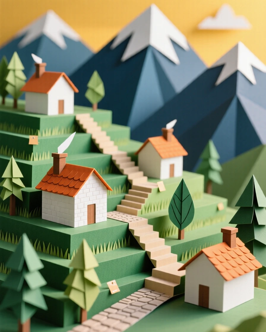 A terraced hillside village bathed in the golden light of late afternoon, with mountains rising dramatically in the background, evoking quiet, timeless beauty.