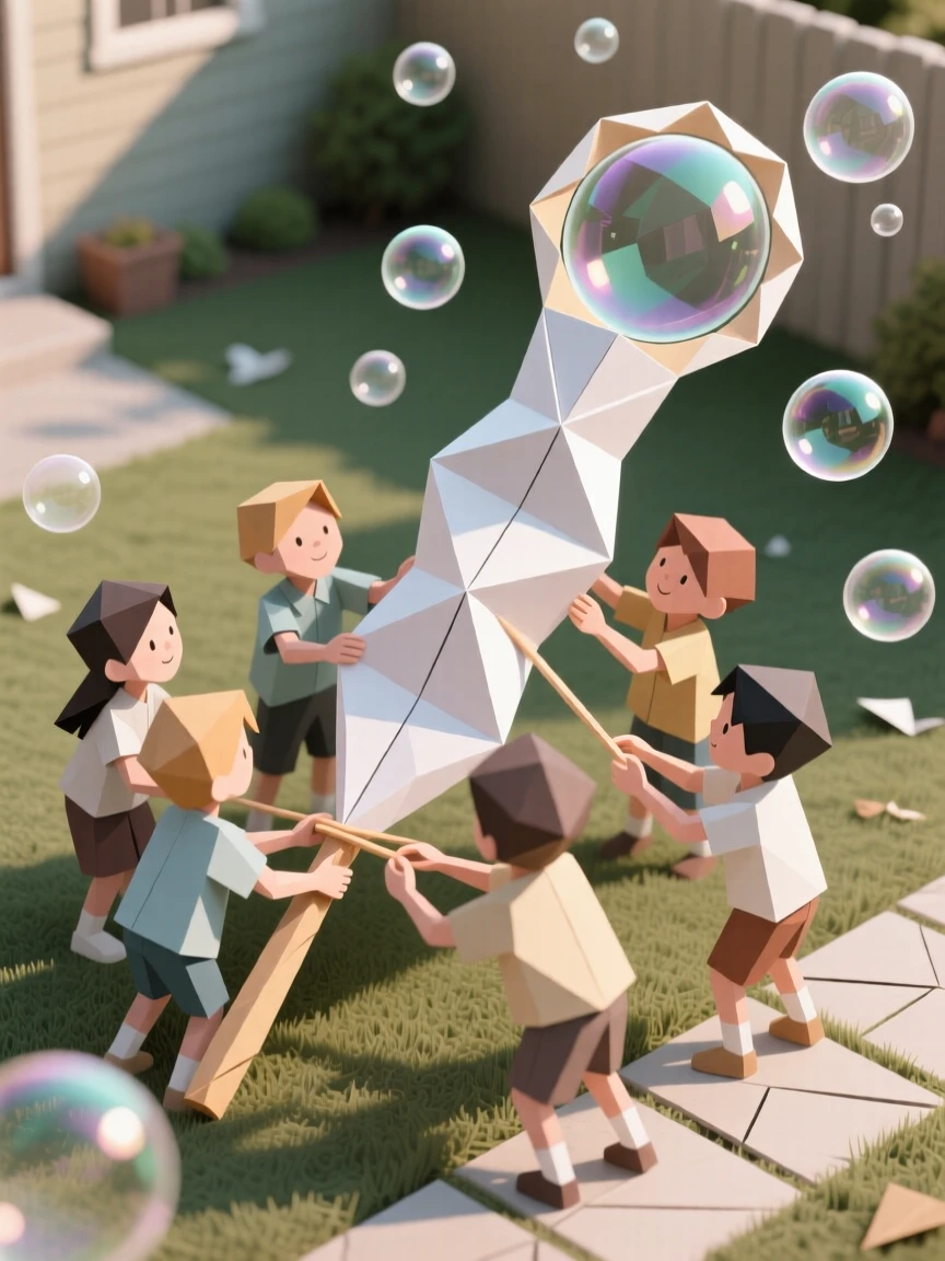 A group of children building a giant bubble wand and blowing bubbles across the yard.
