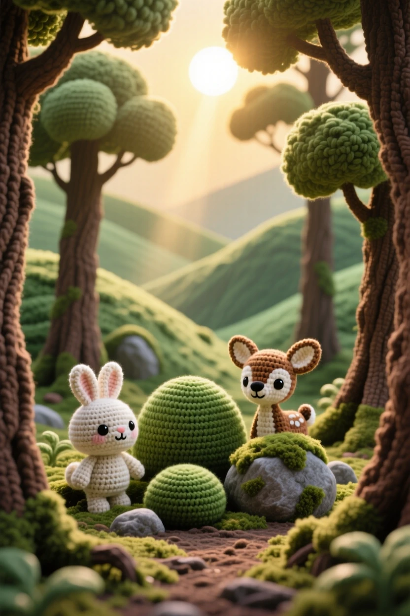 A picturesque scene featuring a small clearing lit by a single sunbeam, deep within a quiet forest, surrounded by tall ancient trees nestled within a quiet, secluded valley, accompanied by a cluster of soft mossy rocks, capturing calm, restorative stillness.