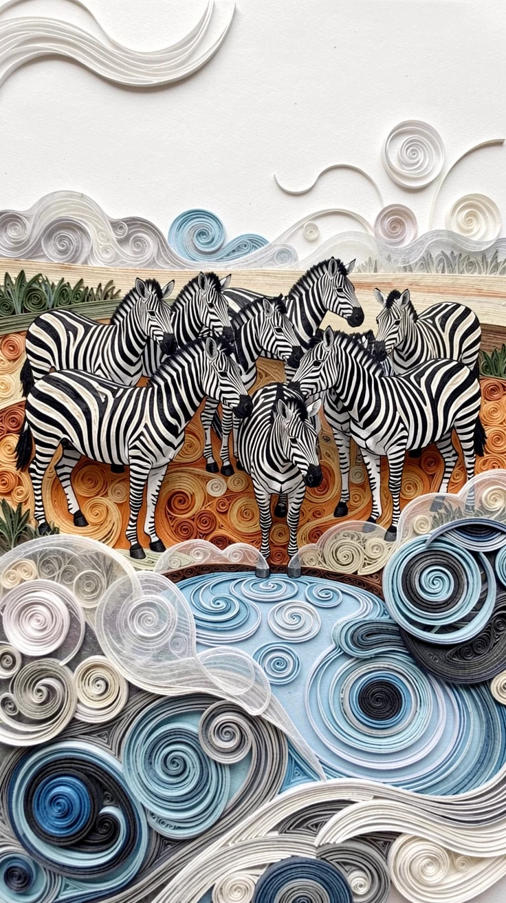 A striking wildlife scene of a herd of zebras gathered at a watering hole surrounded by softly rippling water, with mist rolling low across the ground, shown from a sweeping wide-angle perspective.
