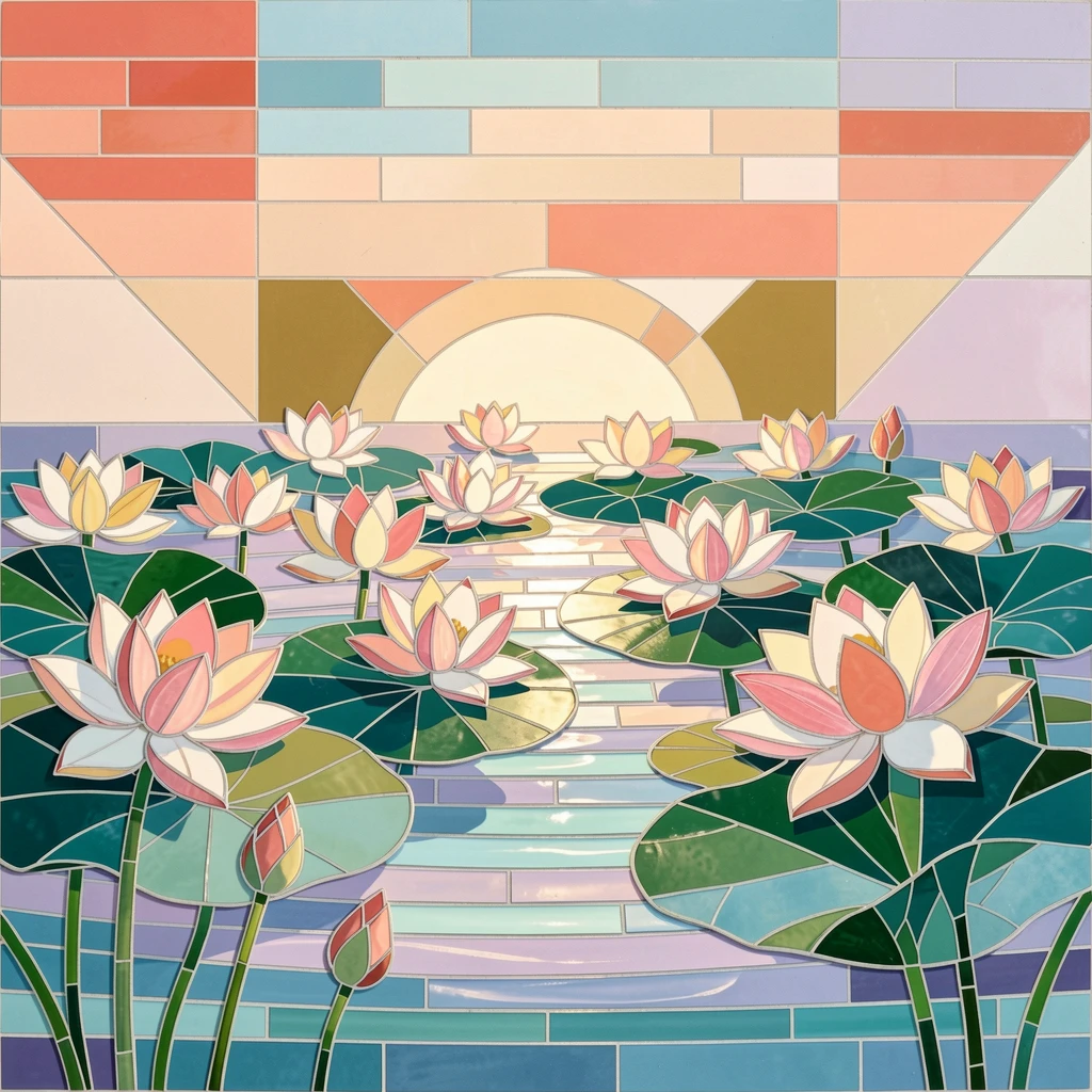 A peaceful pond covered in blooming lotus flowers at sunrise.