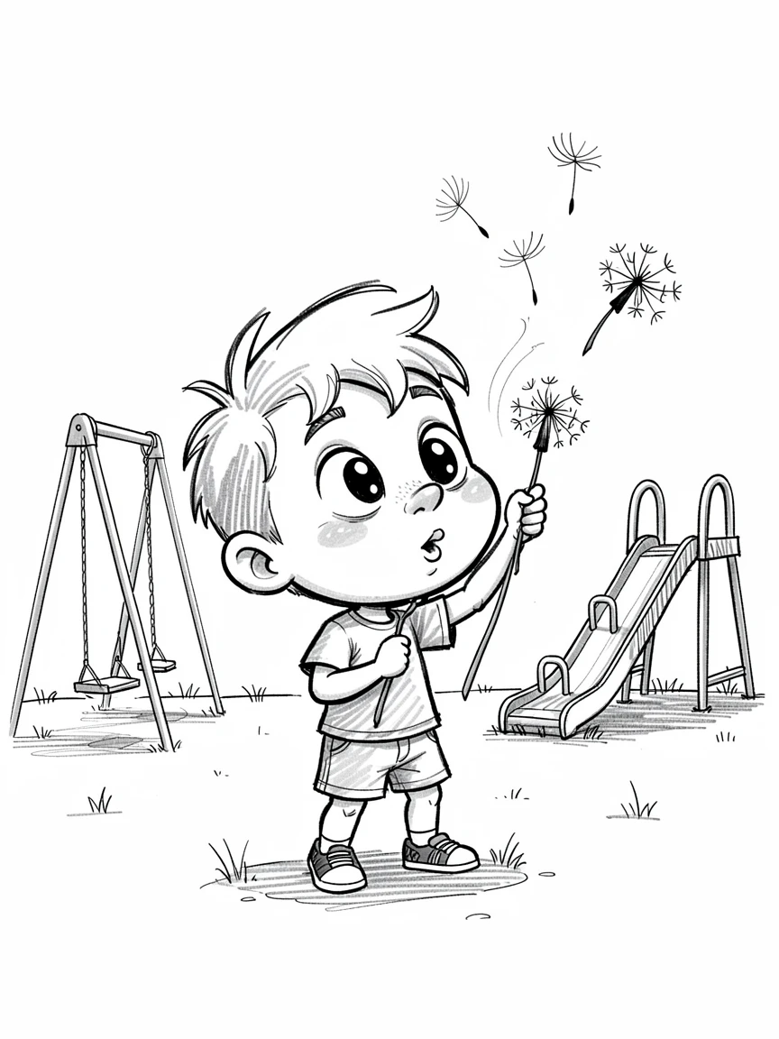 A little boy blowing dandelion seeds at a community playground.