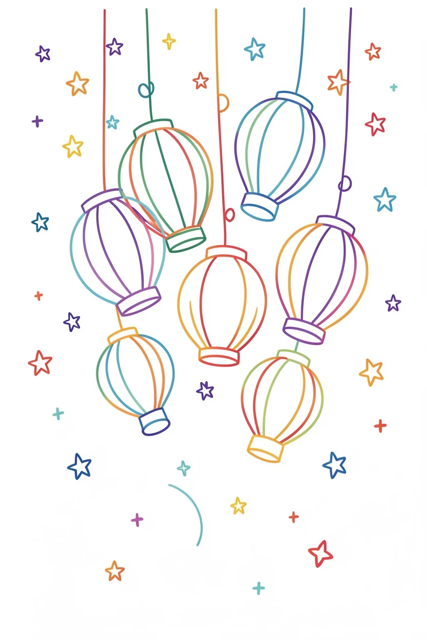 A cluster of paper lanterns floating up into a starry night sky.
