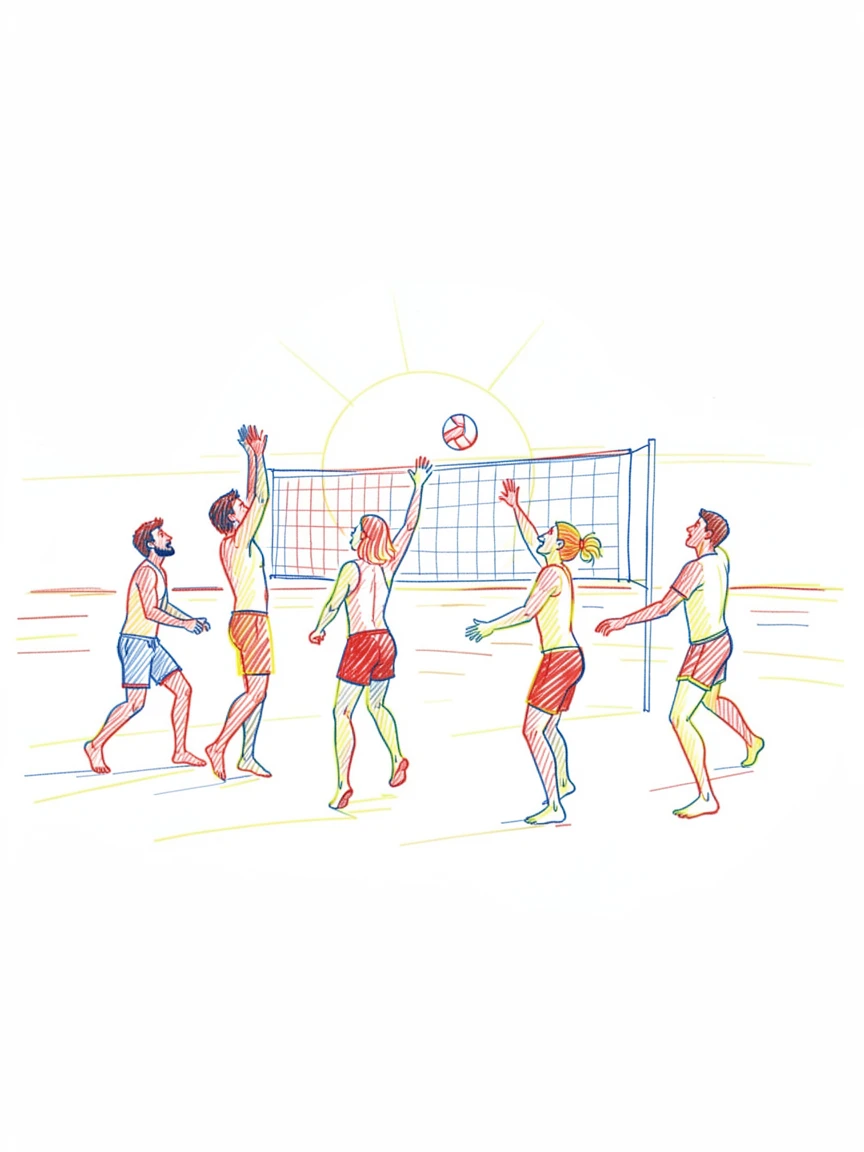 A group of friends playing beach volleyball as the sun sets behind them