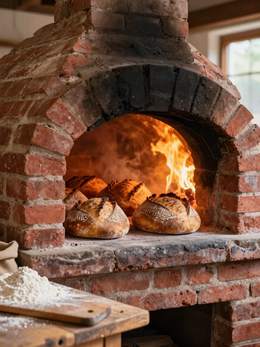 A traditional bread oven glowing with fresh baked loaves