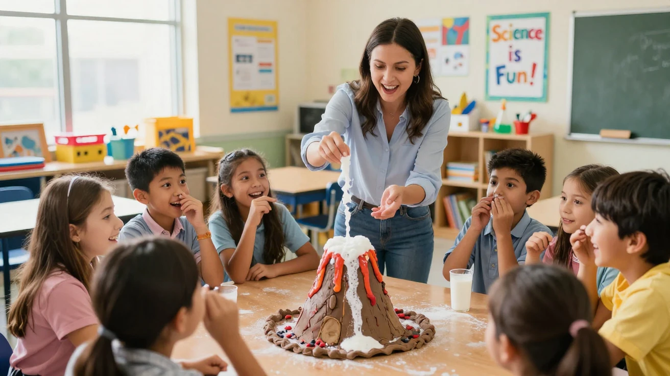 A teacher leads a science experiment involving a small volcano made of baking soda.