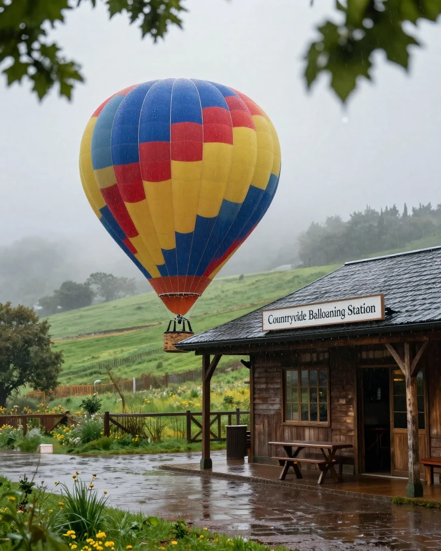 A hot air balloon waiting at a quiet countryside station during a gentle rain shower