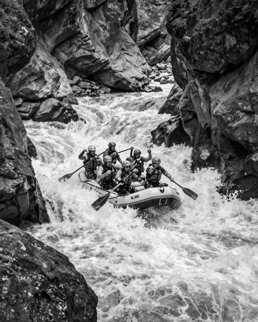 A rafting group paddles hard through a churning rapid down a steep mountain gorge.