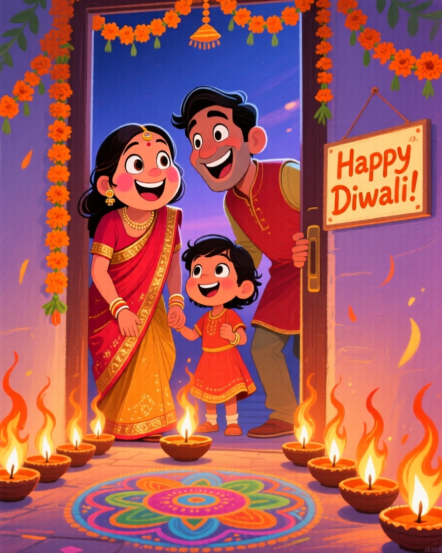 A family celebrating Diwali, lighting rows of clay lamps along their doorway.