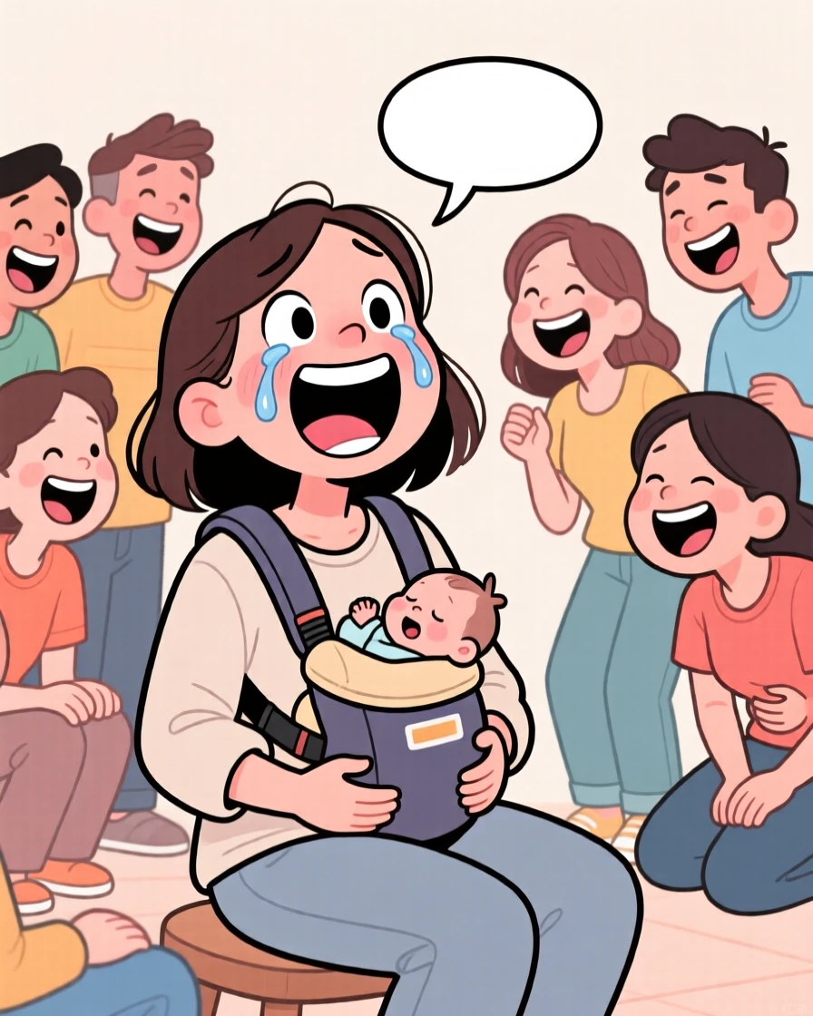 A funny expressive moment showing a new mom laughing uncontrollably at their own joke, as everyone around them bursts into laughter.