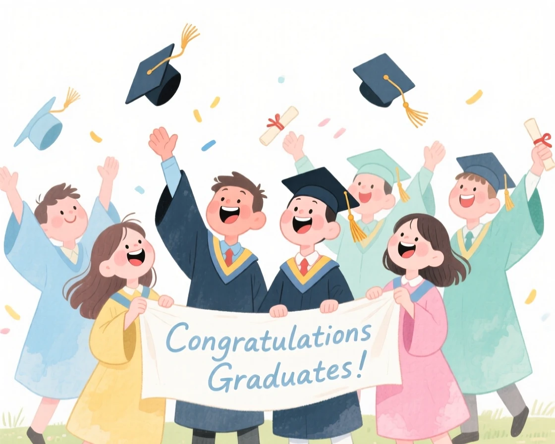 A joyful celebration scene of a graduation celebration with caps thrown into the air, filled with warmth and laughter