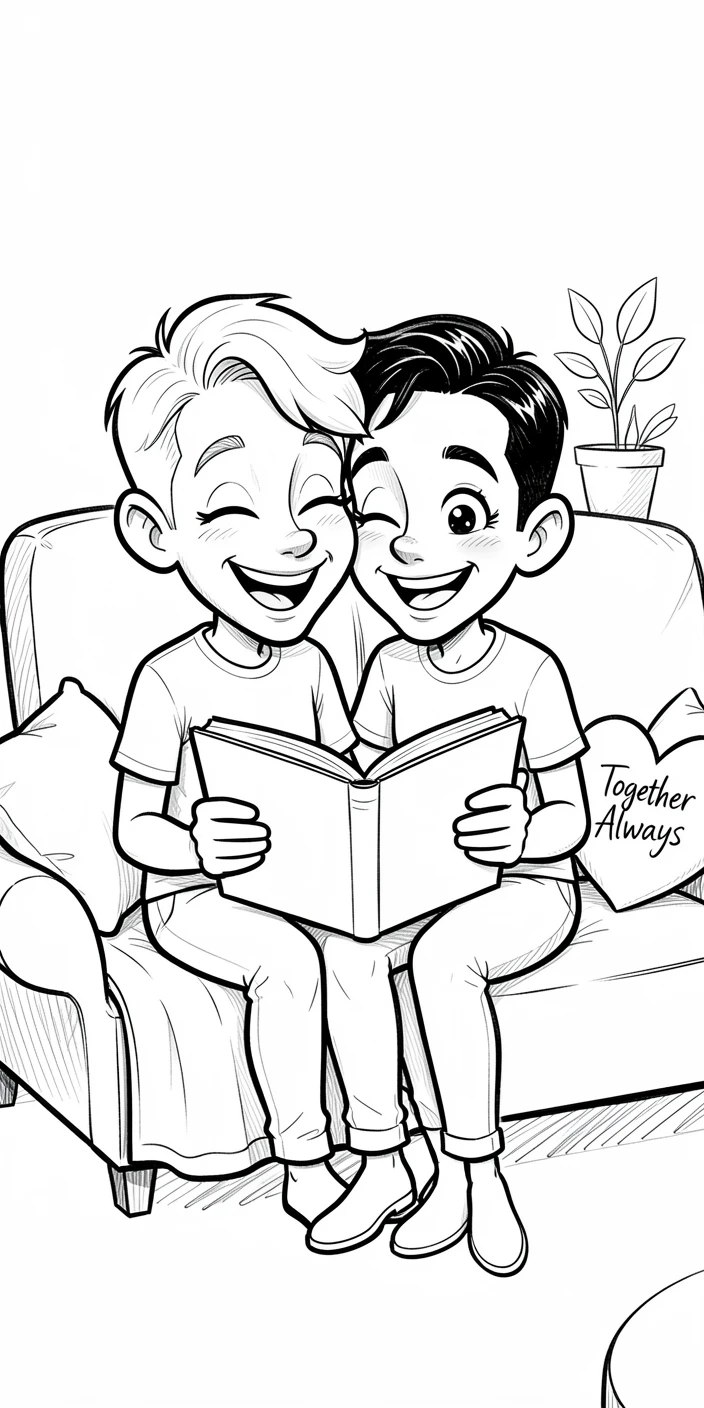 [Family & Relationship Moments] Heartwarming scene of a playful engaged couple reading together on a cozy couch, radiating love and warmth