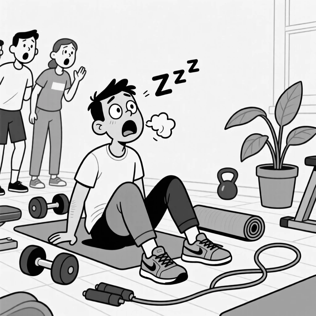 A man realizing too late he's wearing mismatched shoes, snoring loudly enough to startle nearby coworkers, set on a gym floor surrounded by unused equipment. A houseplant leans, seemingly startled too. The image turns a small mishap into pure comic gold.