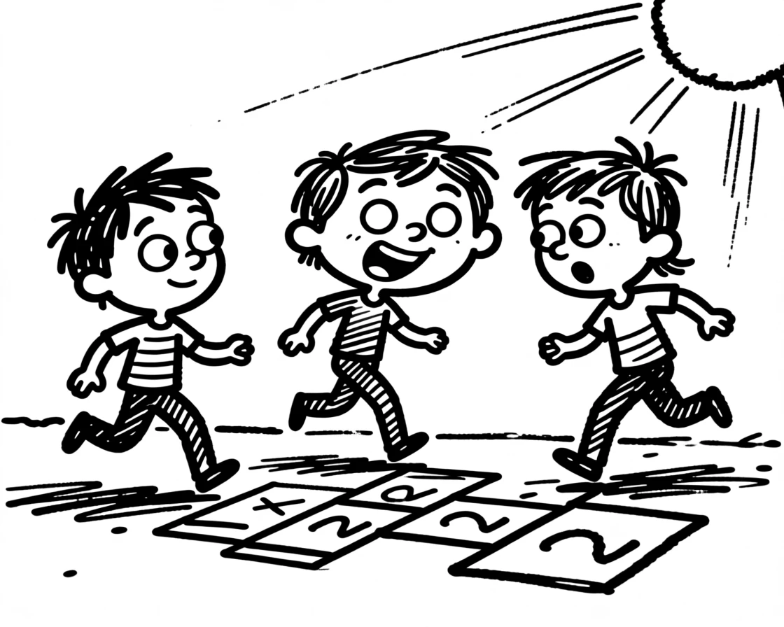 Kids playing hopscotch on a chalk-drawn sidewalk on a sunny afternoon.