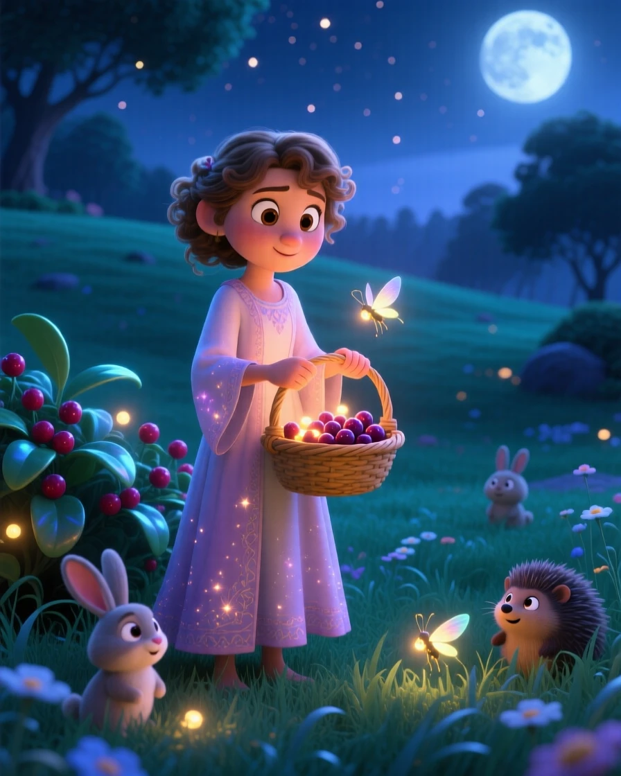 A young sorceress stands in a meadow where the grass glows softly at night, gathering glowing berries into a basket. A magical, wondrous stillness fills the scene, with small creatures peeking out curiously nearby.