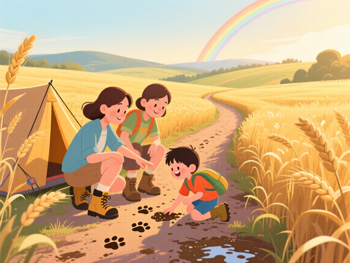 A family of campers pauses while following a trail of paw prints in the mud in a golden wheat field, while a rainbow arches faintly over the valley.
