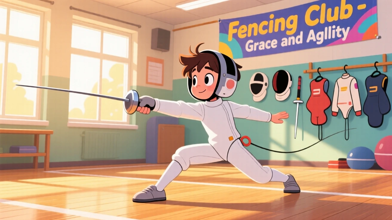 A fencing student practicing a graceful lunge in a sunlit gym.
