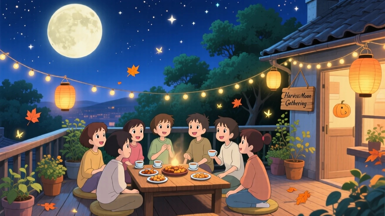 A nighttime scene of a rooftop gathering under a full harvest moon, softly glowing with warmth.