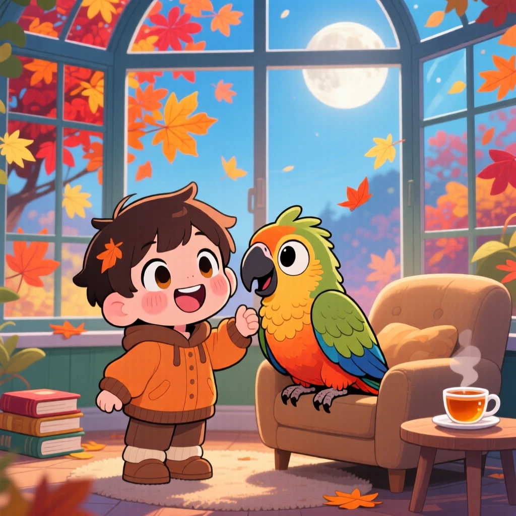 A child and a parrot sharing a joke with matching grins in a colorful sunroom with autumn leaves swirling around; soft moonlight washes over the scene as sleepy relaxation fills the moment. Medium shot.