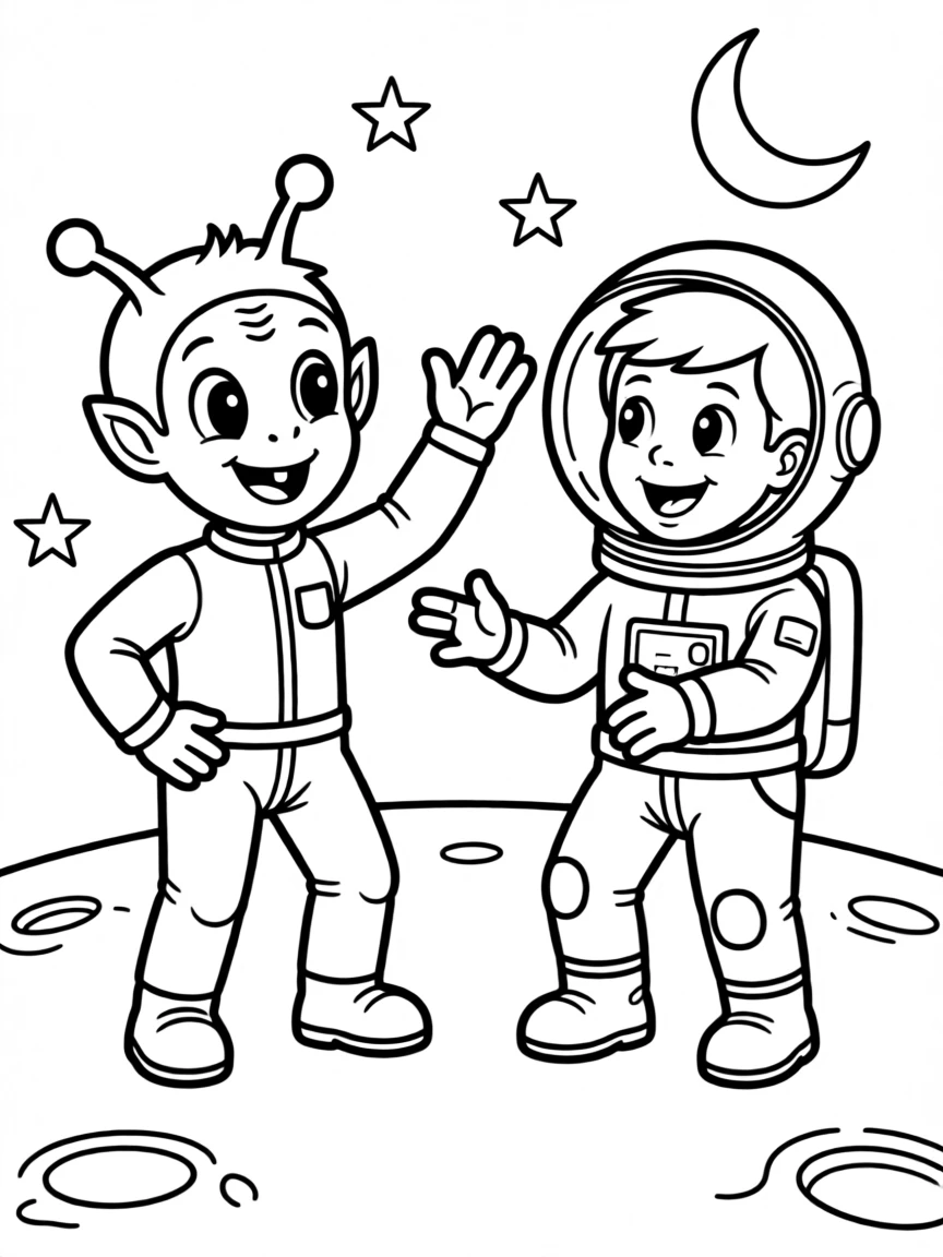 A friendly alien teaching an astronaut a new space dance