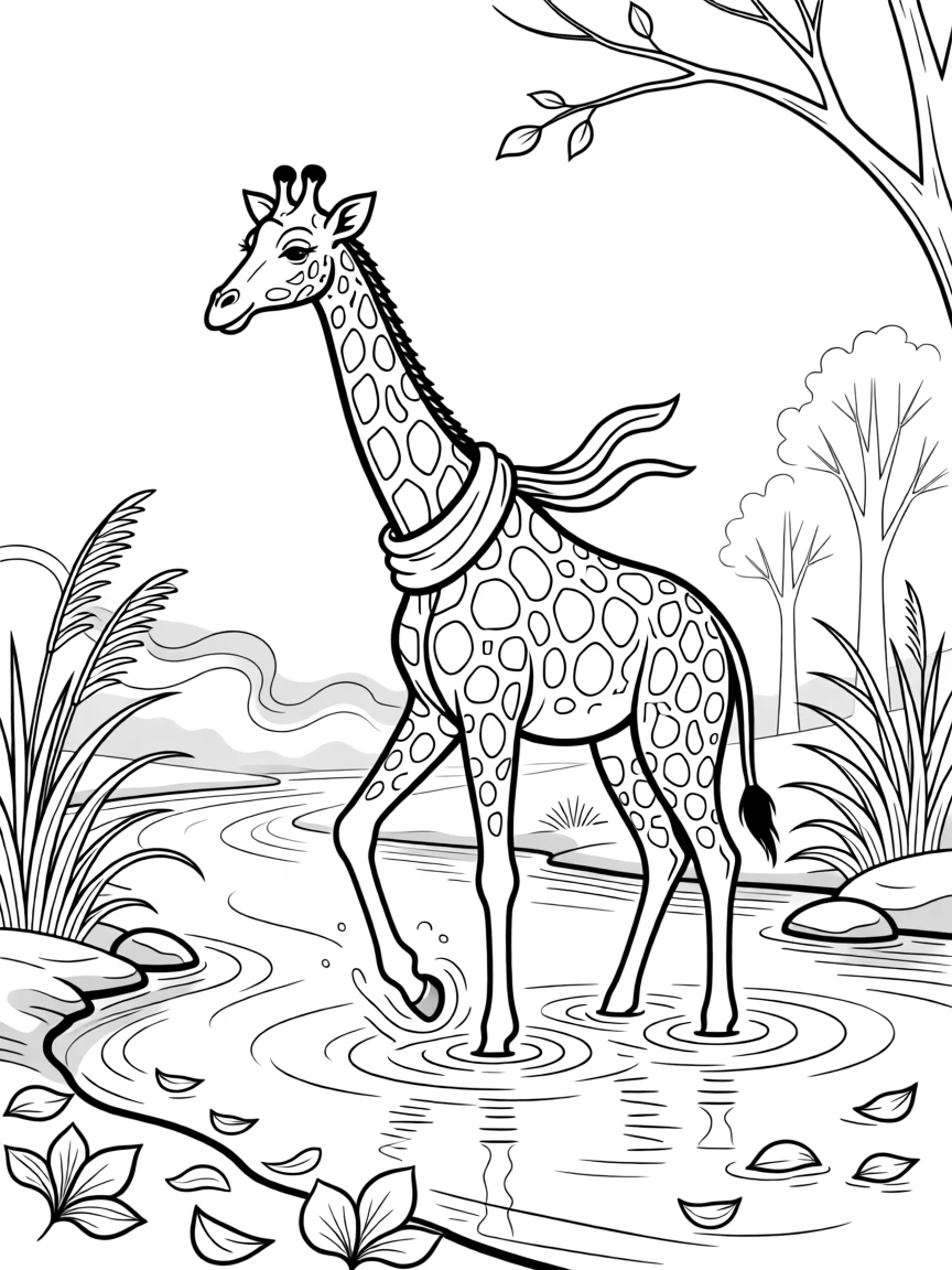 A reticulated giraffe wading through a misty river, surrounded by a scattering of fallen petals.