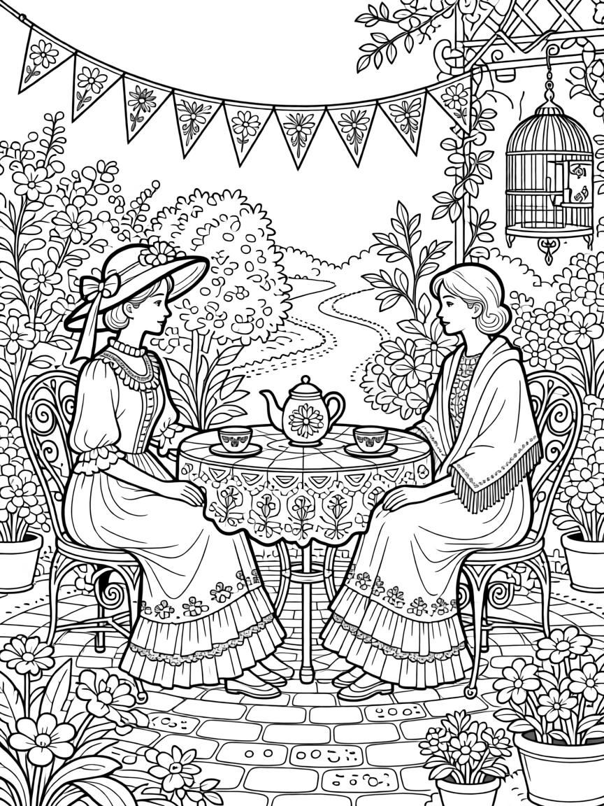 A springtime garden tea party scene with floral teacups and bunting.