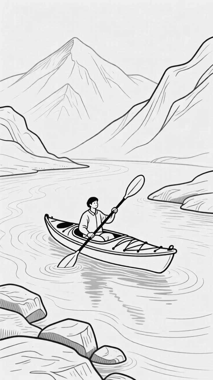 A kayak gliding through a calm mountain river
