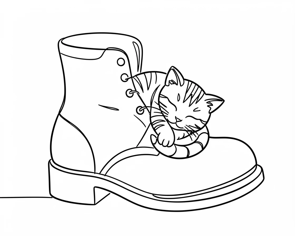 A tabby kitten sleeping soundly inside an old boot