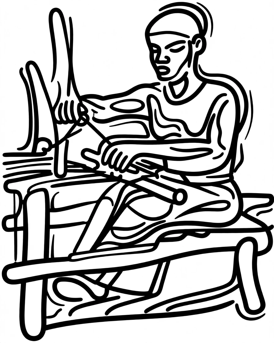 A traditional Ghanaian kente cloth weaver working at a wooden loom.