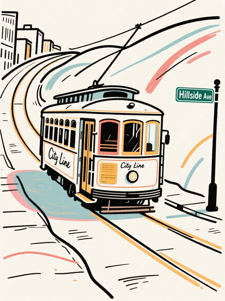A vintage trolley car rolling down a hilly city street.