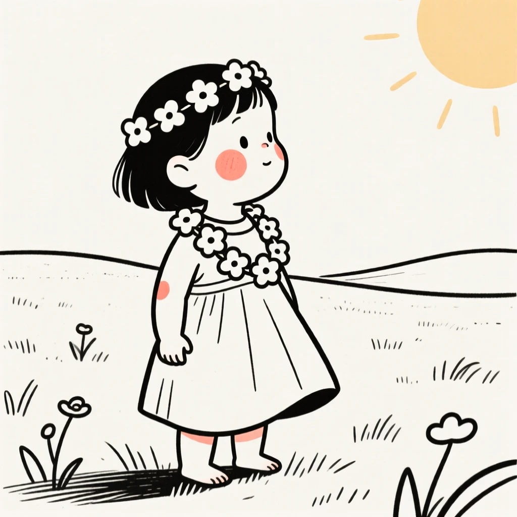 A wobbly toddler of Egyptian heritage wearing a traditional Hawaiian lei and dress, gazing thoughtfully into the distance, in a sunlit meadow.