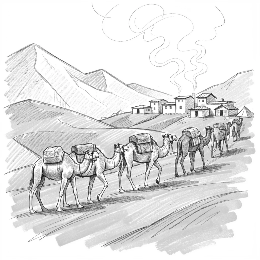 A vibrant cultural scene of a caravan of camels crossing golden dunes in a remote mountain village, with incense smoke curling gently upward.