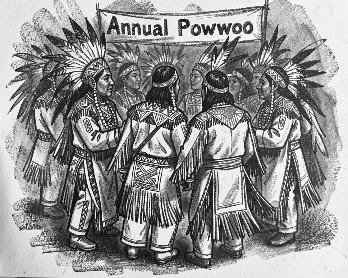 A Native American powwow with dancers in full regalia, with everyone gathered close together.
