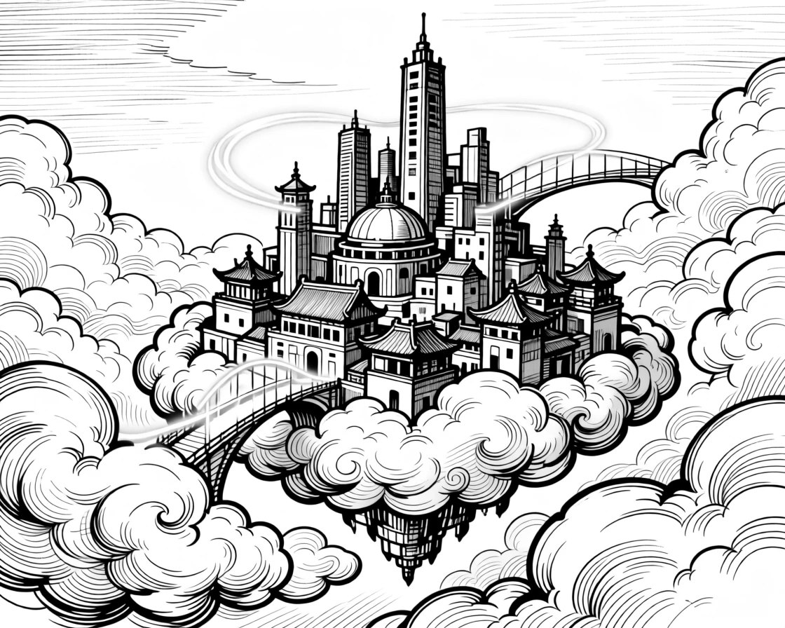 A floating city suspended among swirling clouds connected by glowing bridges.