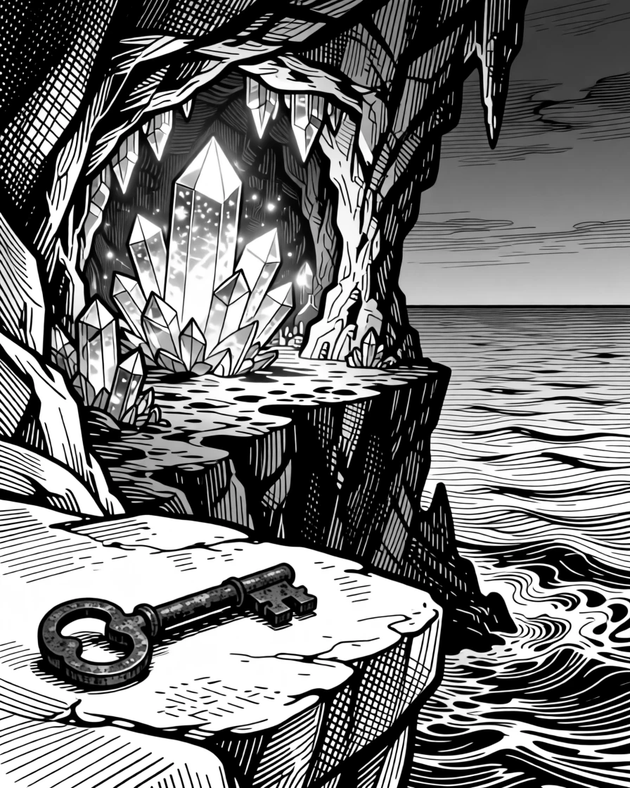 A crystal cave glowing with inner light at the edge of an endless enchanted sea, with an old iron key resting on a stone ledge, forming an epic and dreamlike fantasy scene.