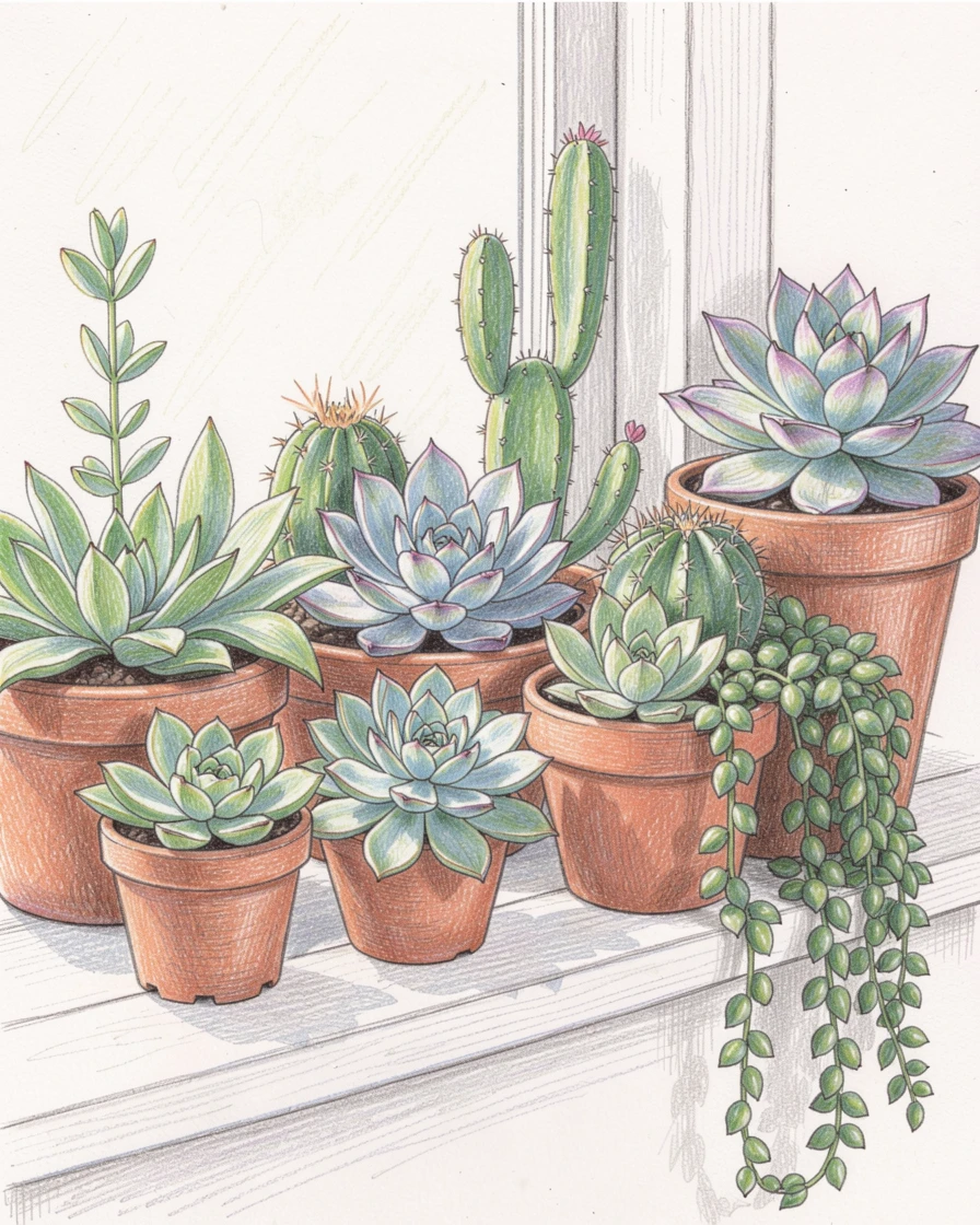 A windowsill lined with thriving succulents and cacti, with delicate details that reward a closer look, perfect for anyone drawn to gentle, heartfelt imagery.